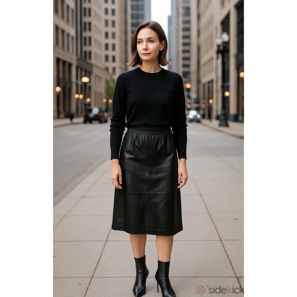 Vintage JFS Signature 100% Leather Midi Skirt Large Black Lined Elastic Waist